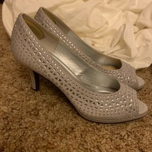 Kelly & Katie silver open toe sequin heels